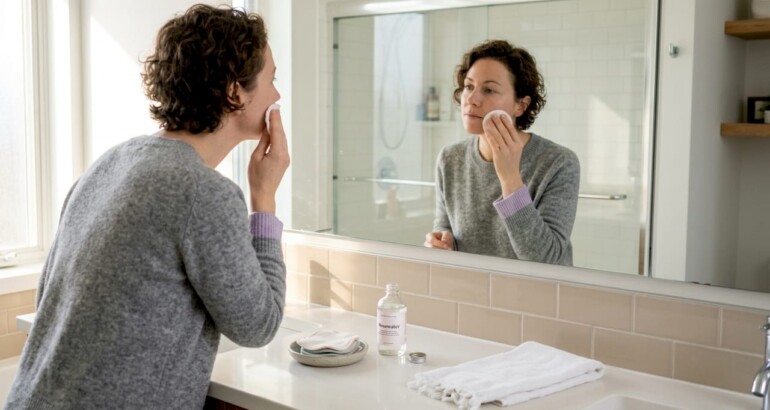 Woman applies toner in sunlit bathroom