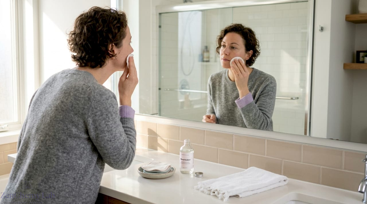Woman applies toner in sunlit bathroom