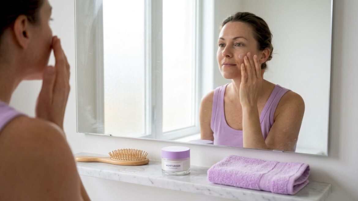 Woman applying organic moisturizer in bathroom