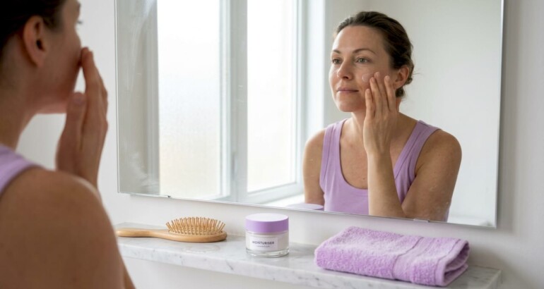 Woman applying organic moisturizer in bathroom
