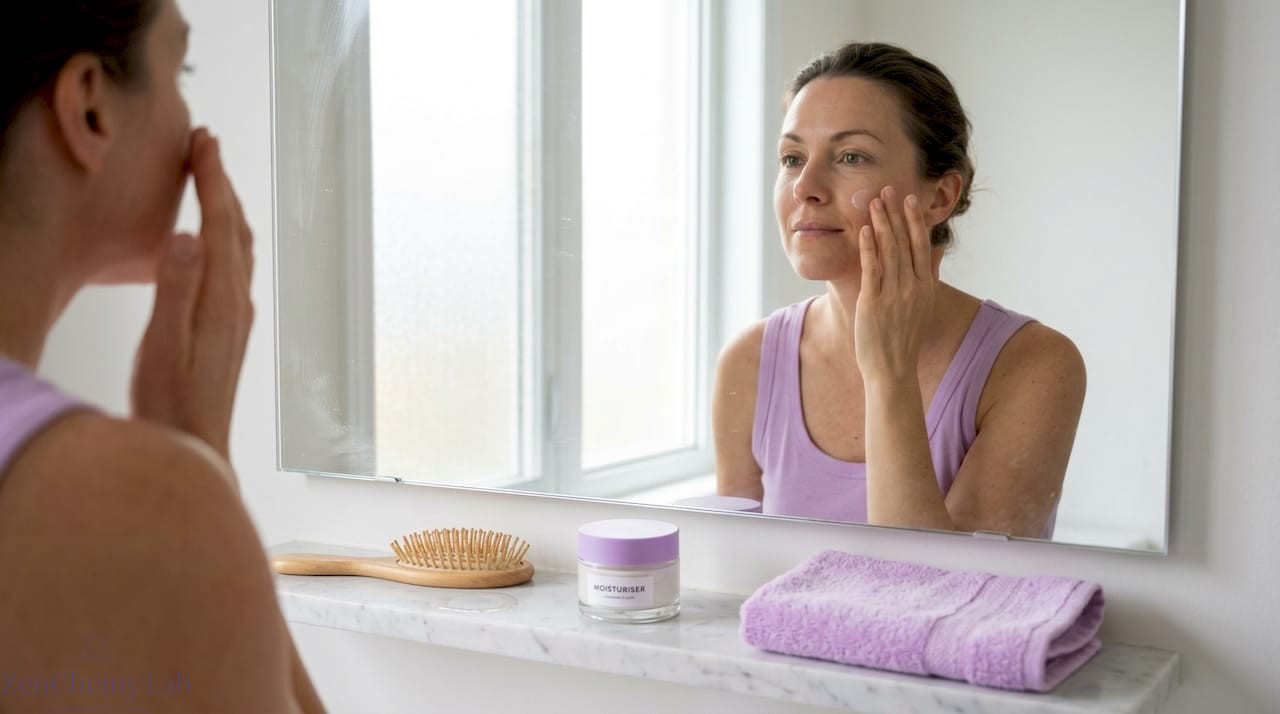 Woman applying organic moisturizer in bathroom