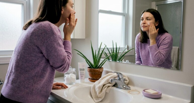 Woman applying face cream in home bathroom