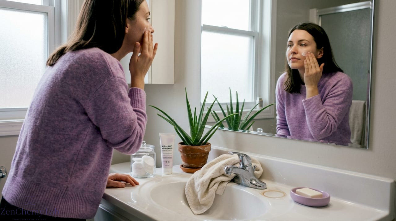 Woman applying face cream in home bathroom