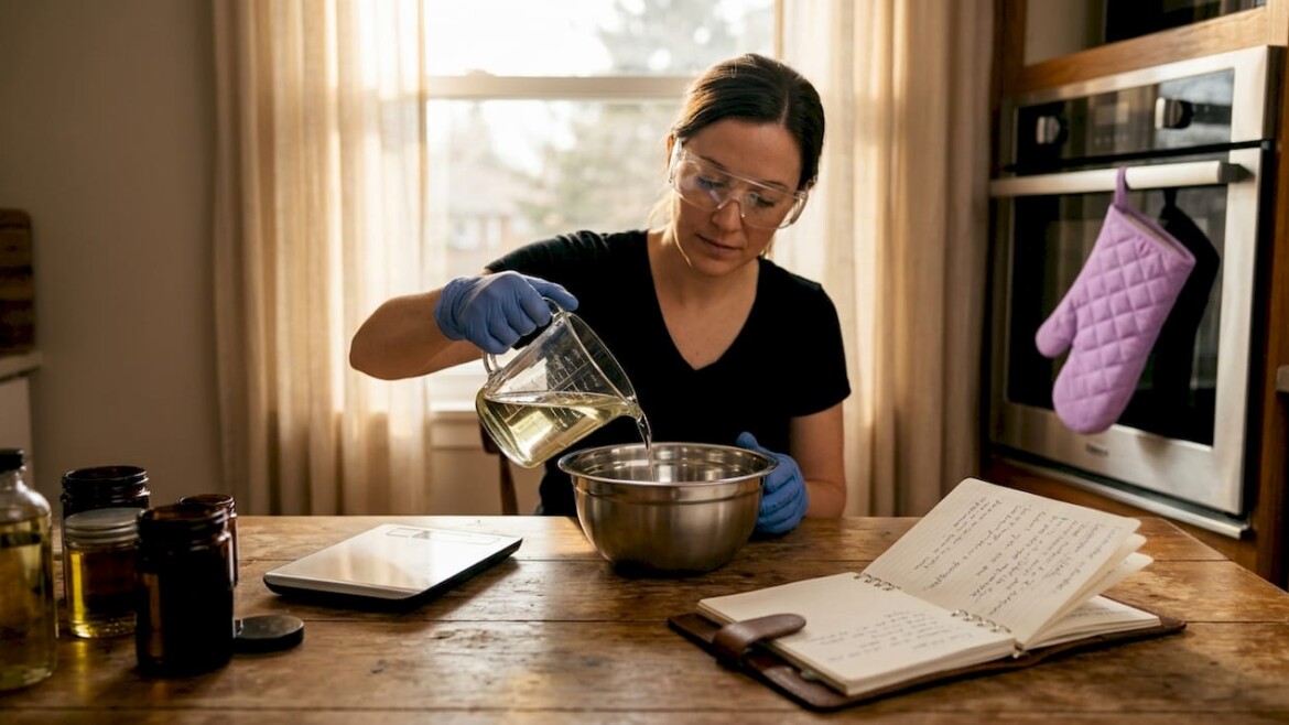 Woman pouring liquid for homemade soap process