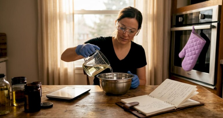 Woman pouring liquid for homemade soap process