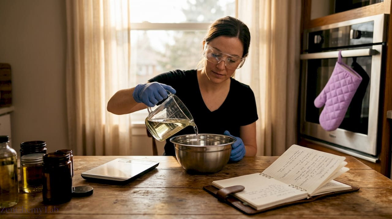 Woman pouring liquid for homemade soap process