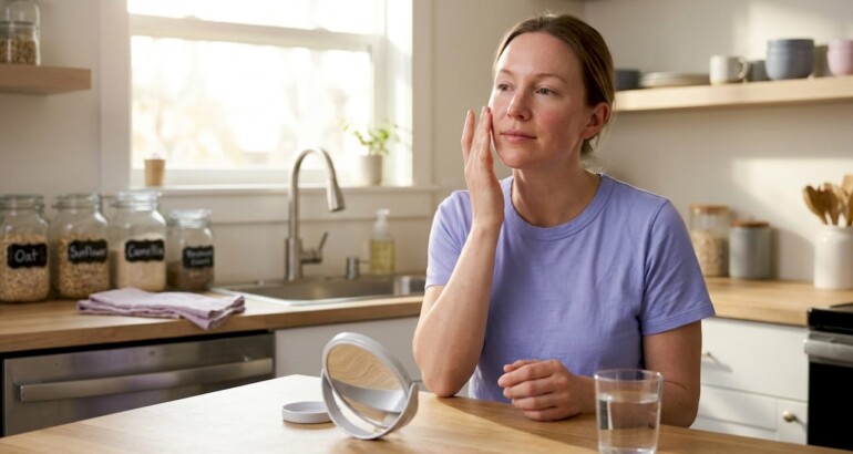 Woman applies gentle moisturizer in bright kitchen
