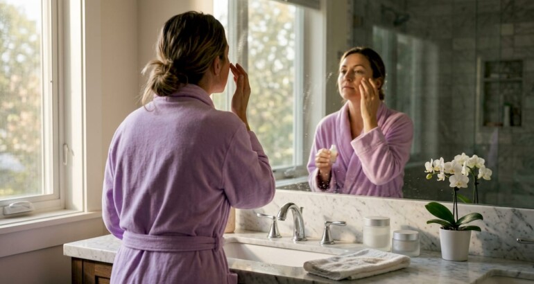 Woman applying skincare at marble bathroom sink