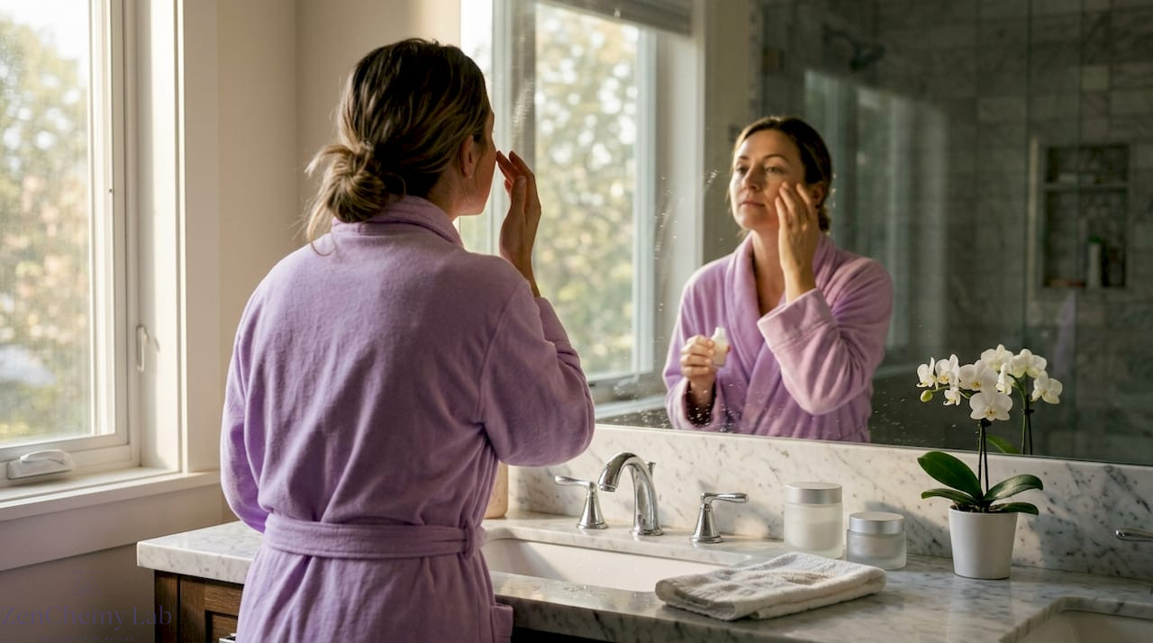 Woman applying skincare at marble bathroom sink