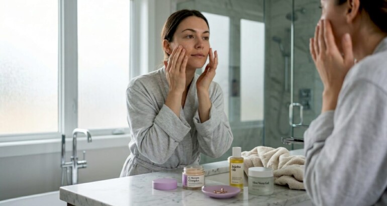 Woman applies serum at bathroom vanity