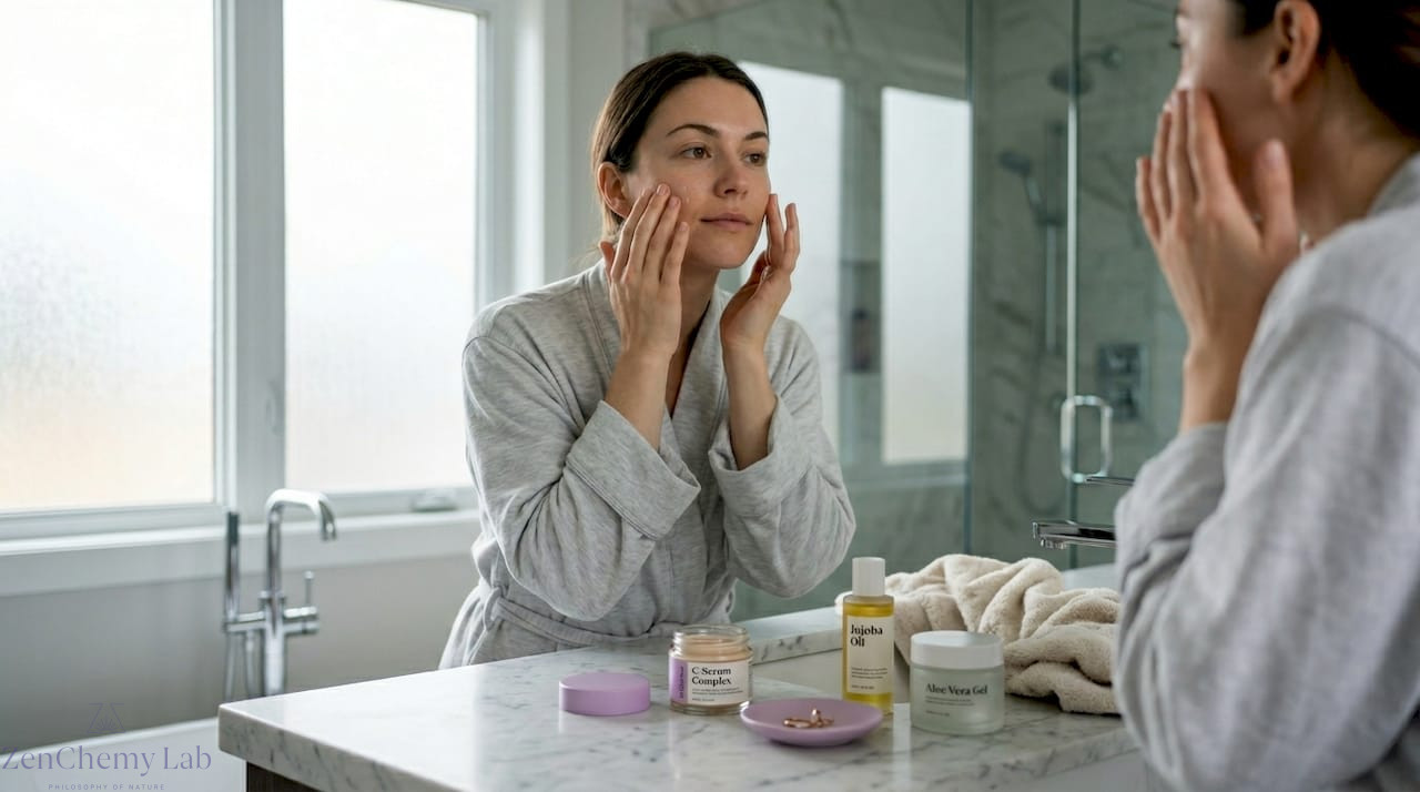 Woman applies serum at bathroom vanity