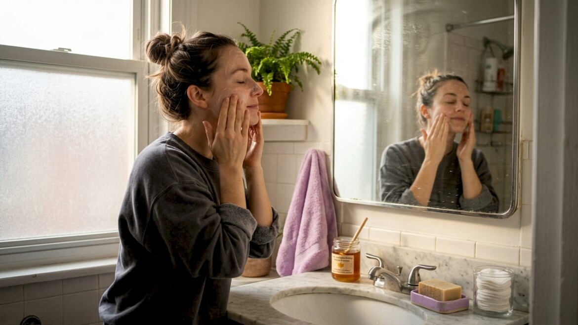 Woman gently cleansing face in home bathroom