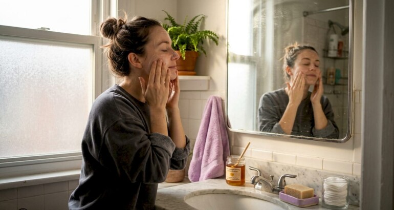 Woman gently cleansing face in home bathroom