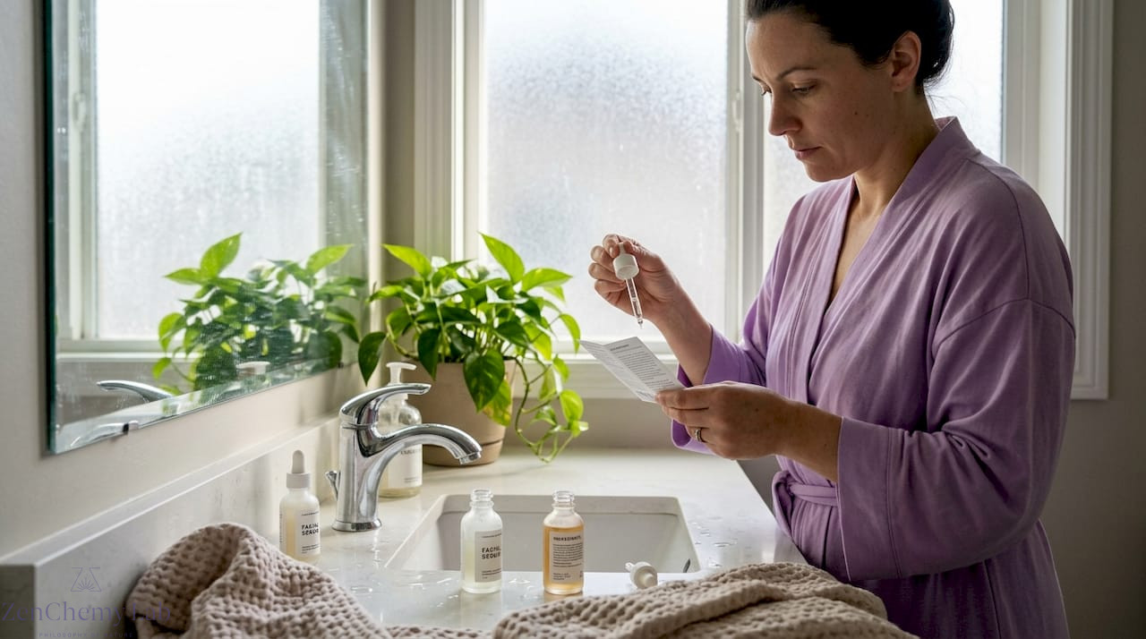 Woman checking skincare ingredients in bathroom