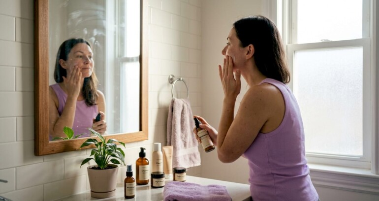 Woman using holistic skincare in home bathroom