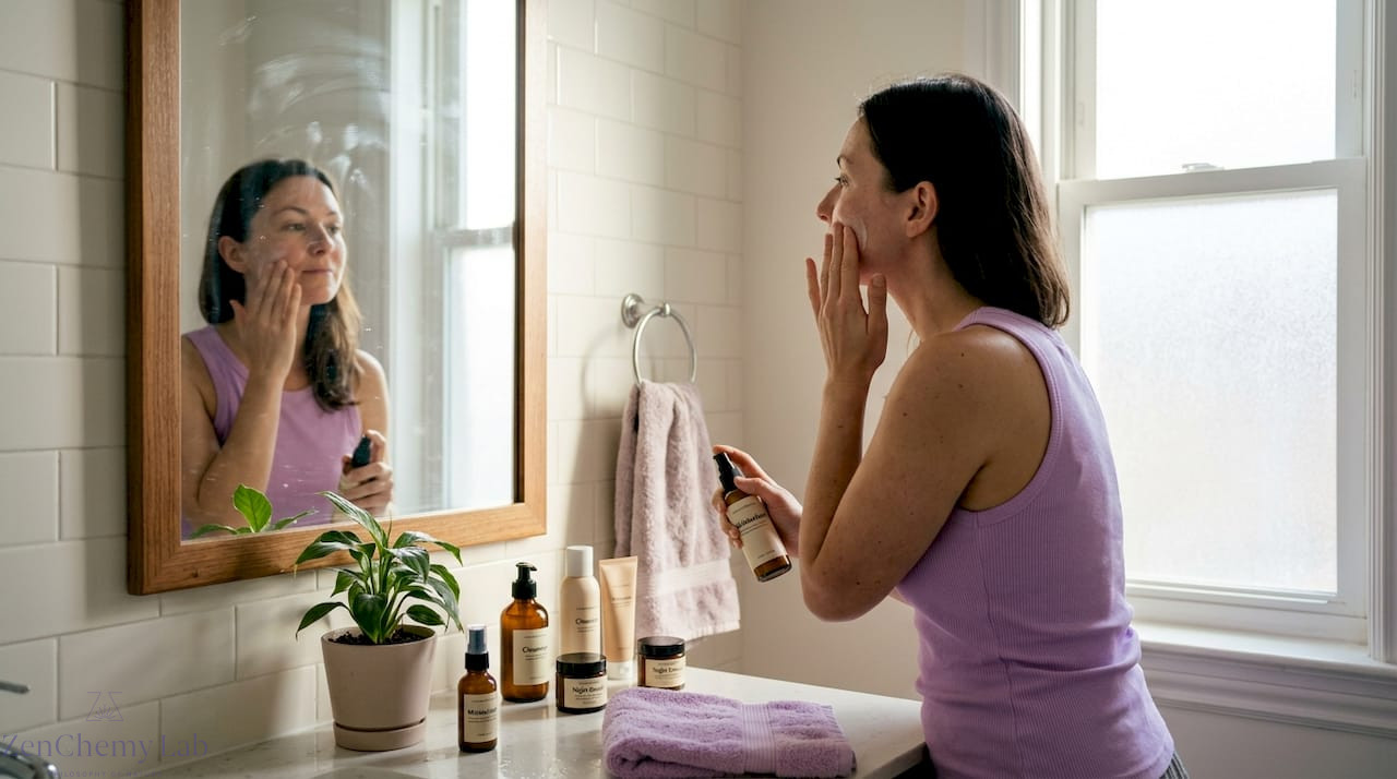 Woman using holistic skincare in home bathroom