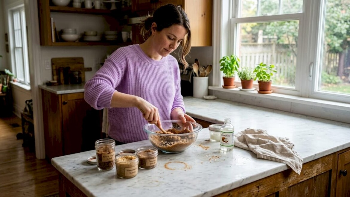 Woman making body scrub in bright kitchen