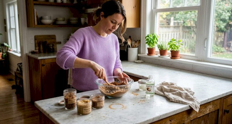 Woman making body scrub in bright kitchen