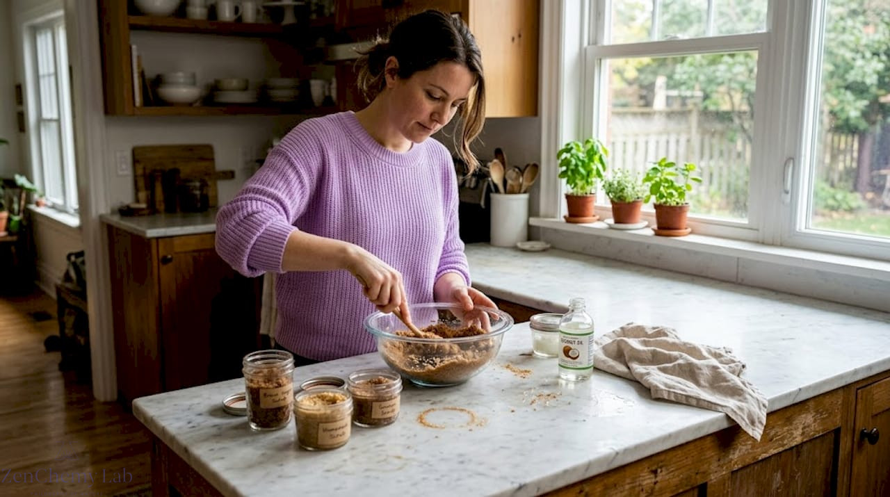 Woman making body scrub in bright kitchen