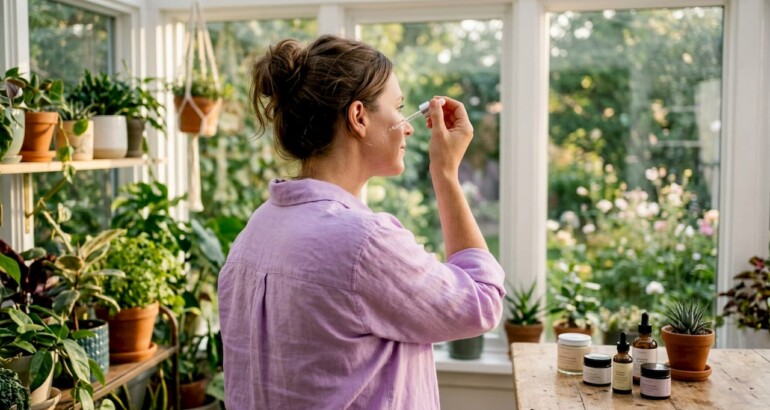 Woman applying plant-based serum at bathroom vanity