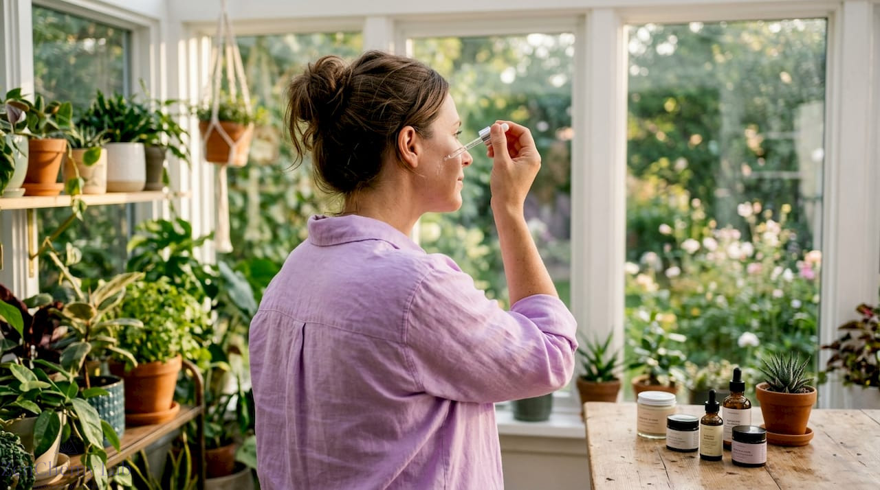 Woman applying plant-based serum at bathroom vanity