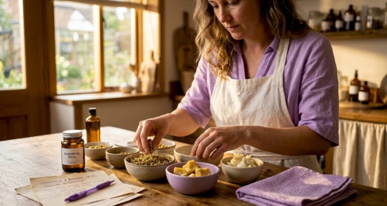 Artisan sorts botanical skincare ingredients