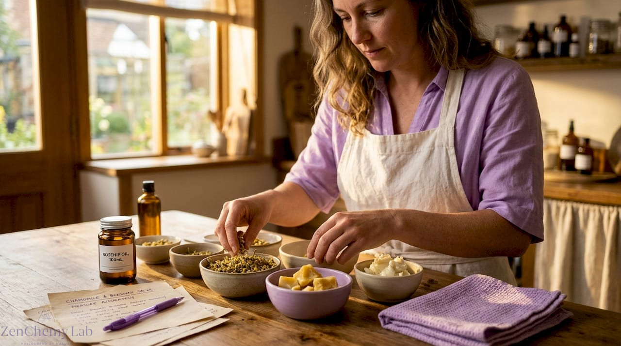 Artisan sorts botanical skincare ingredients