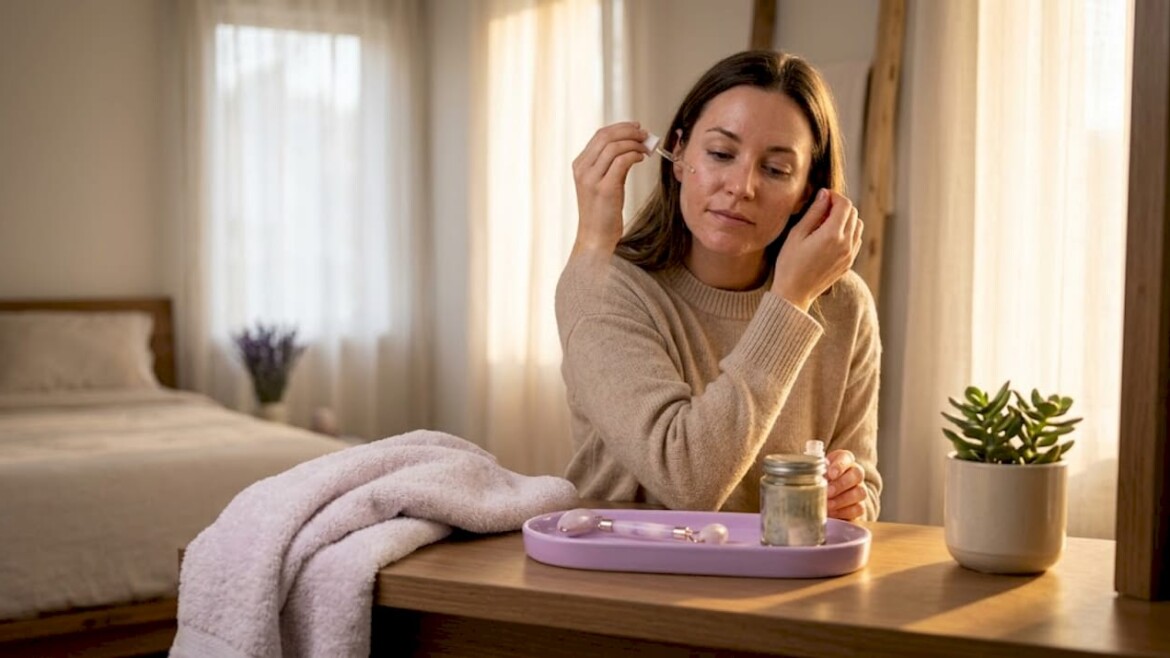 Woman applying serum, personalized skincare routine