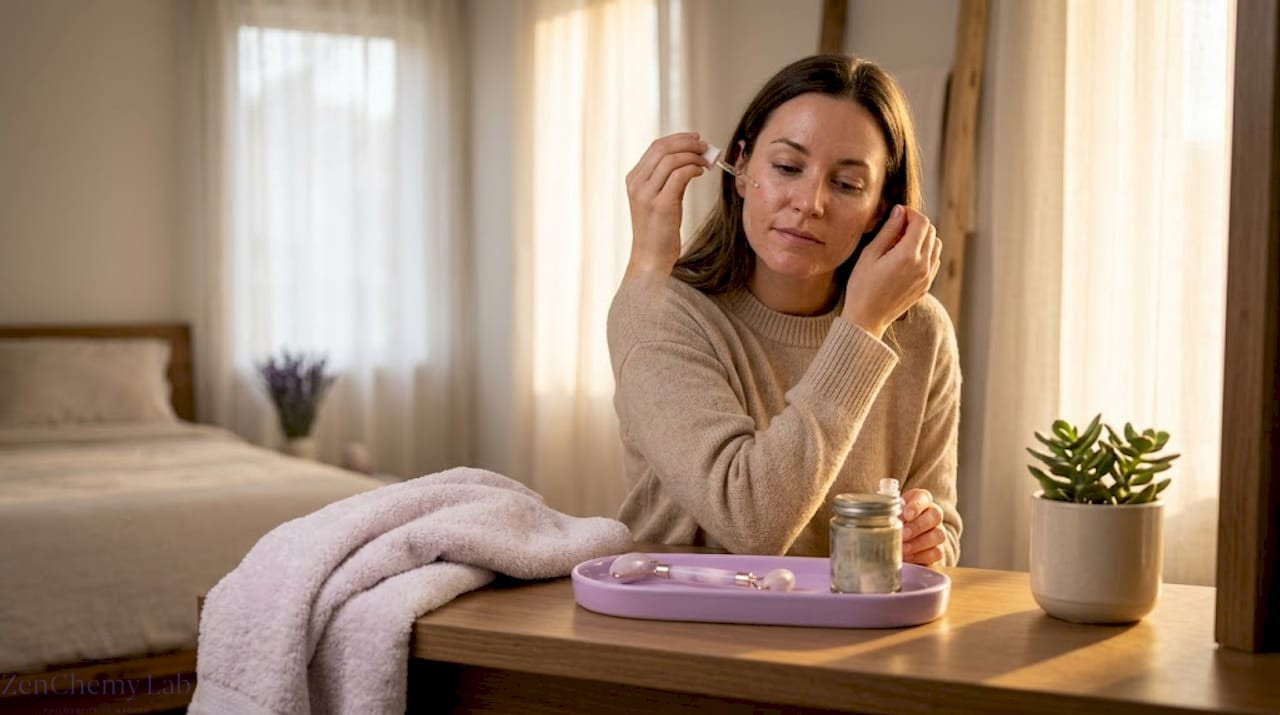 Woman applying serum, personalized skincare routine