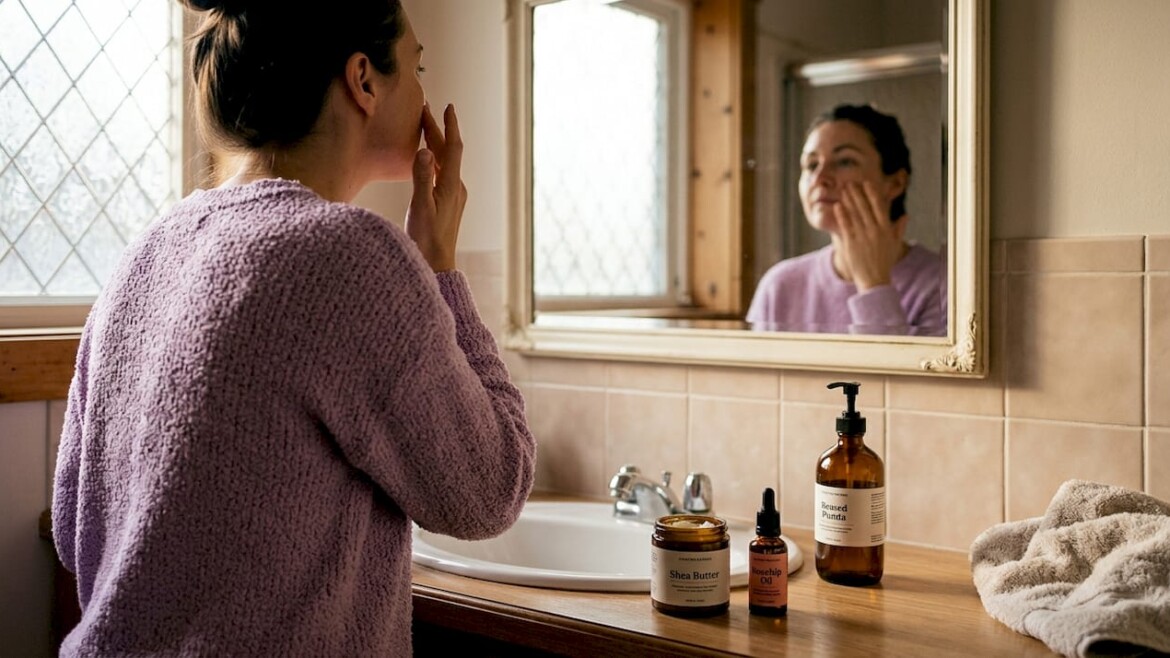 Woman applies natural skincare in sunny bathroom