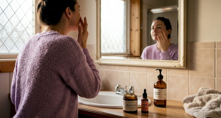 Woman applies natural skincare in sunny bathroom
