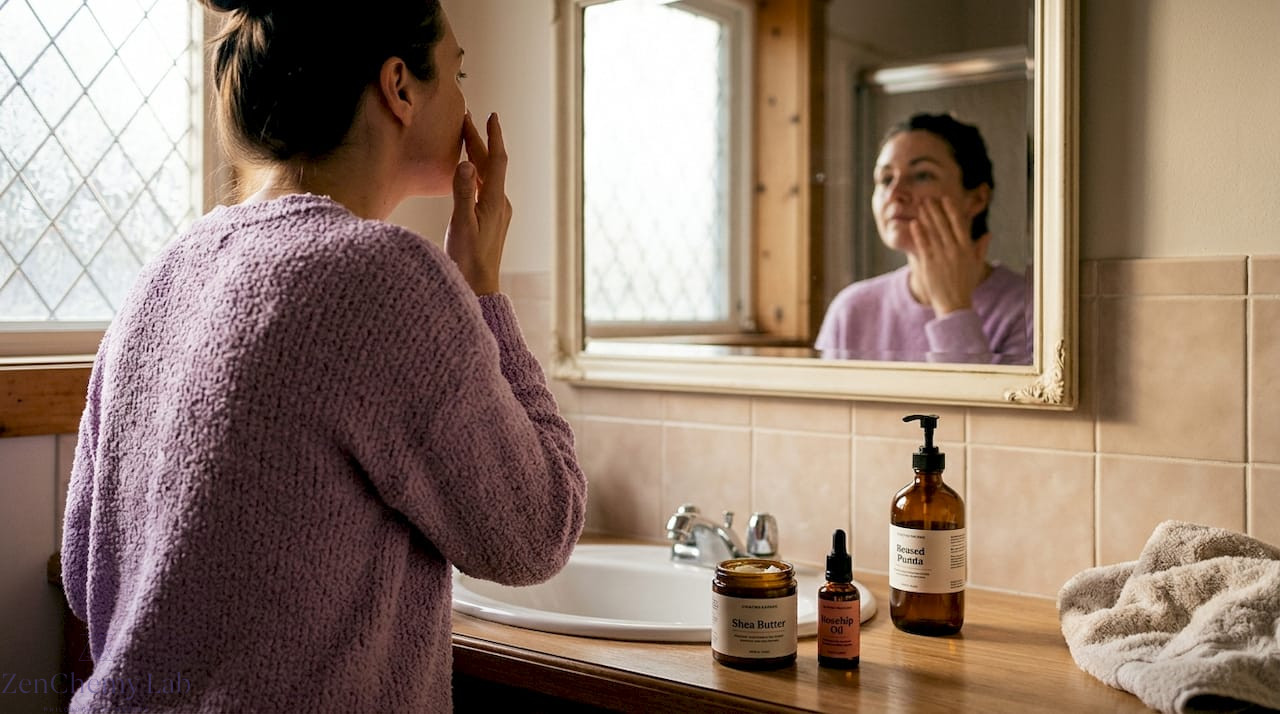 Woman applies natural skincare in sunny bathroom