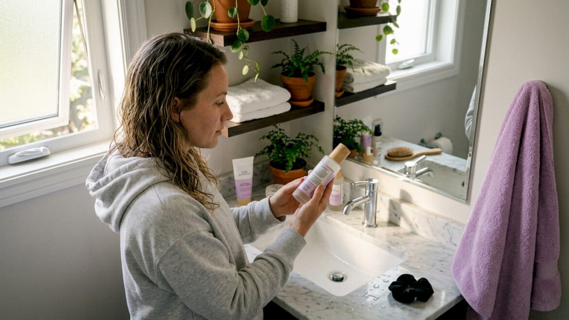 Woman reading fair trade skincare label at sink