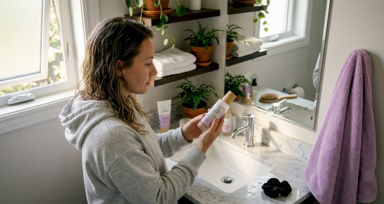 Woman reading fair trade skincare label at sink