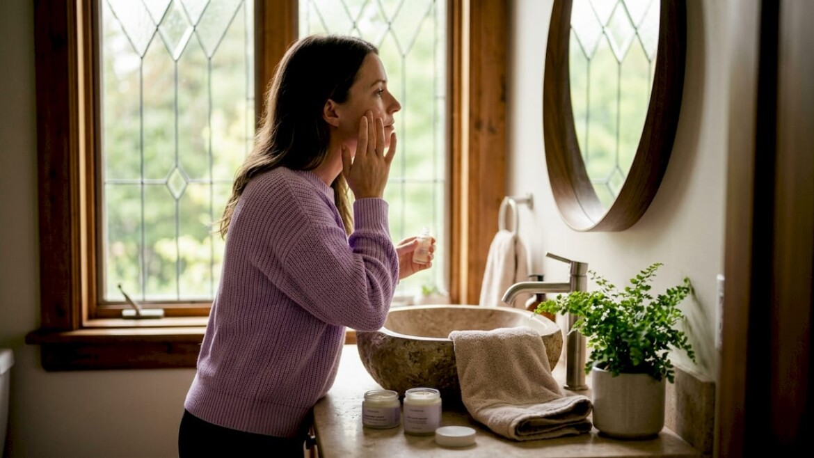 Woman applies serum in bright bathroom
