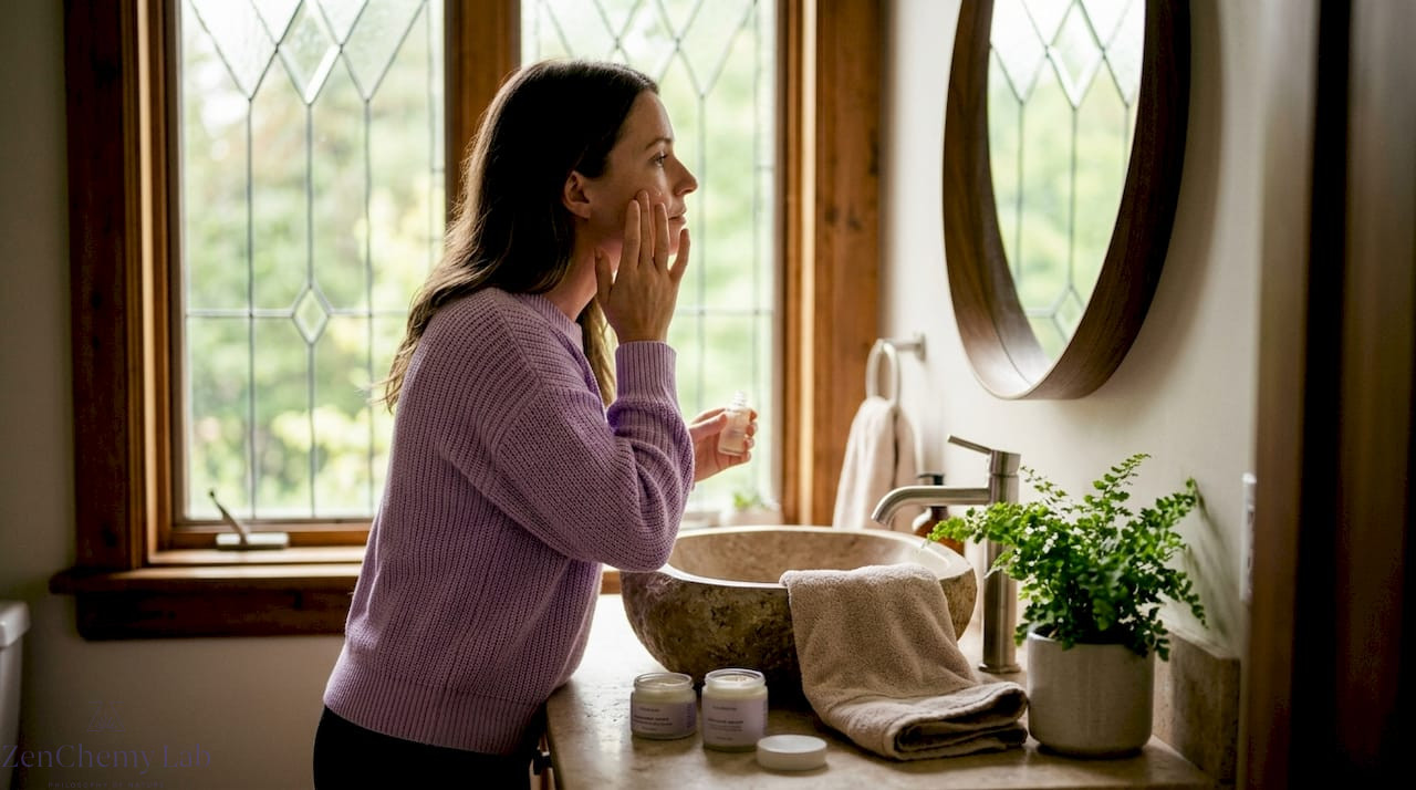 Woman applies serum in bright bathroom