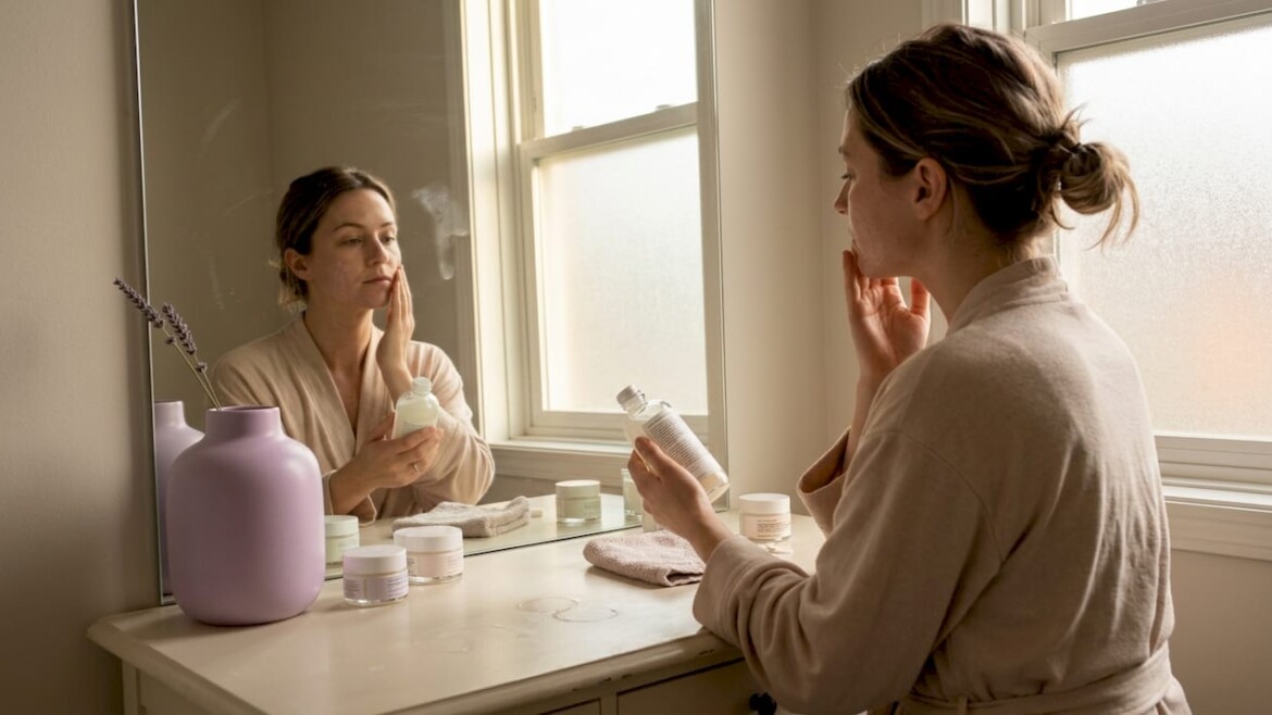Woman applying skincare in sunlit bathroom