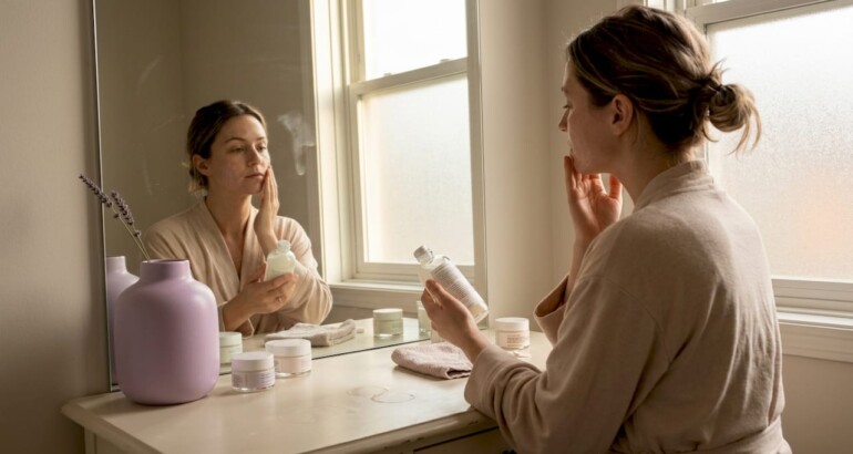 Woman applying skincare in sunlit bathroom