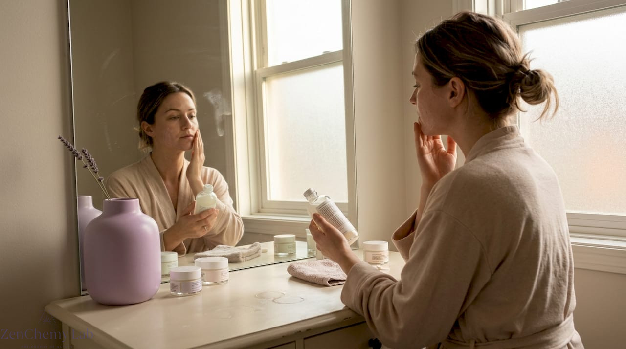 Woman applying skincare in sunlit bathroom