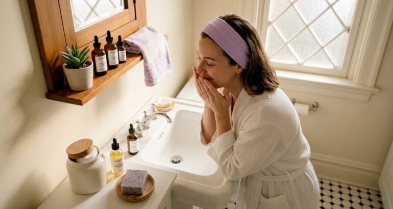 Woman cleansing face during skincare routine