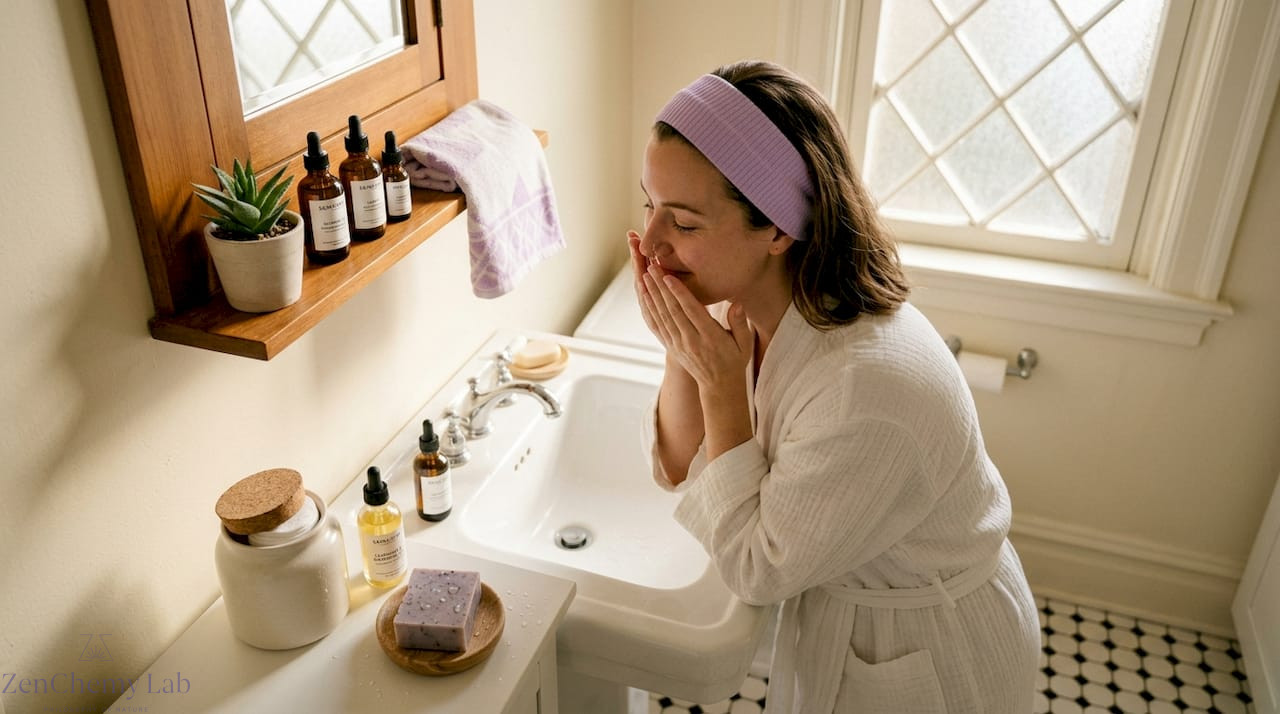 Woman cleansing face during skincare routine