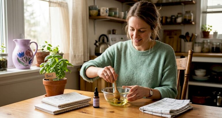 Woman mixing essential oil for skincare at home