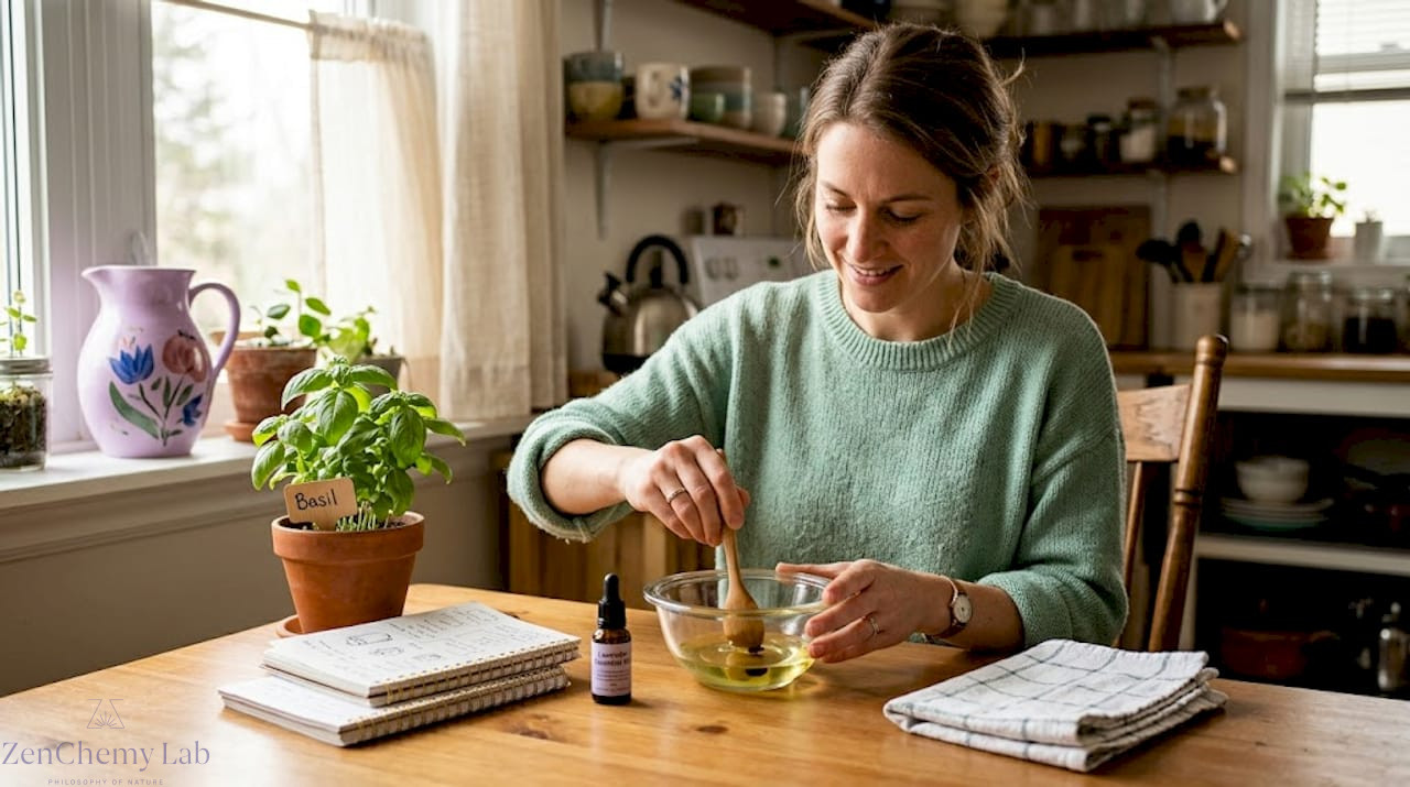 Woman mixing essential oil for skincare at home