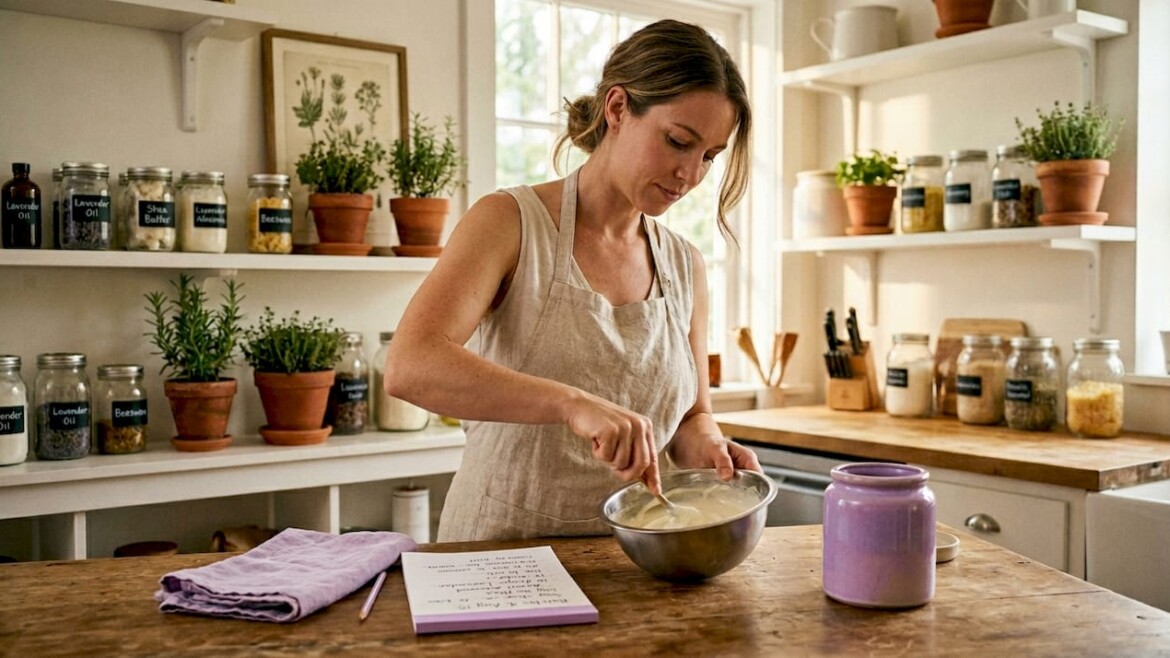 Artisan mixing skincare ingredients at kitchen counter