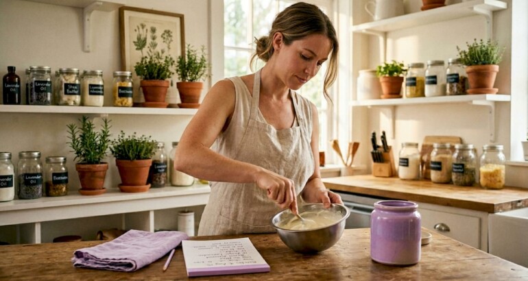Artisan mixing skincare ingredients at kitchen counter
