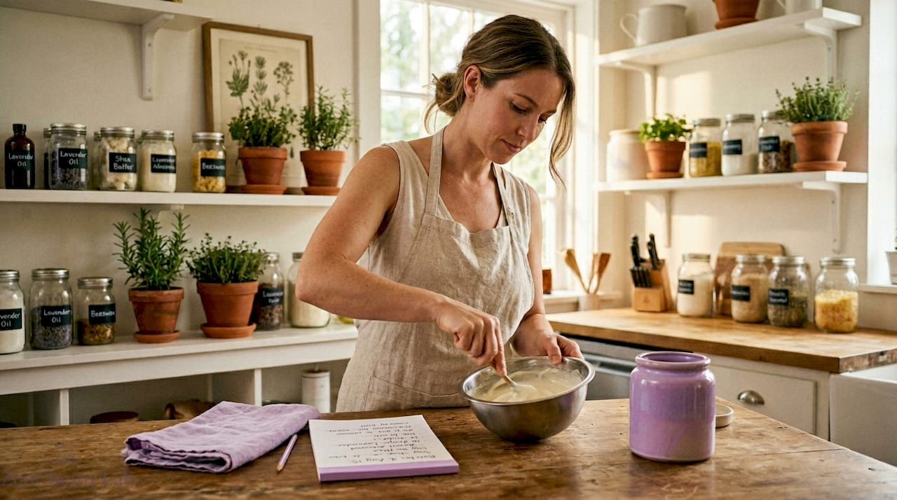 Artisan mixing skincare ingredients at kitchen counter