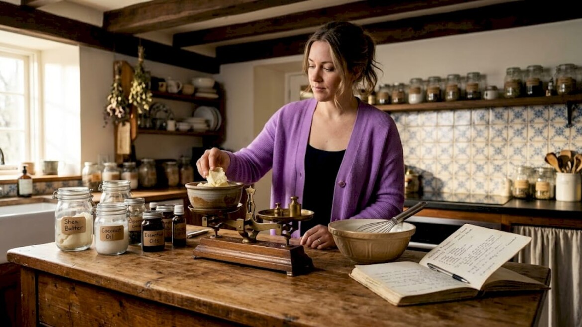 Woman weighing oils for homemade cream