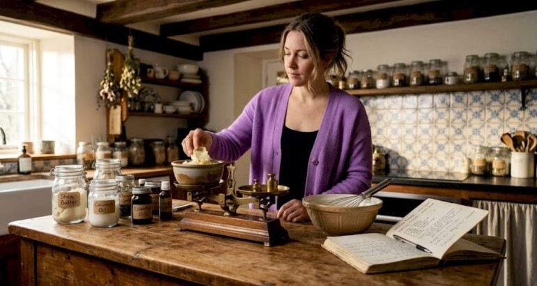Woman weighing oils for homemade cream