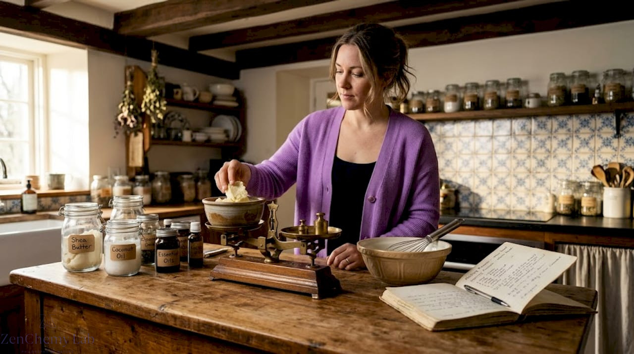 Woman weighing oils for homemade cream