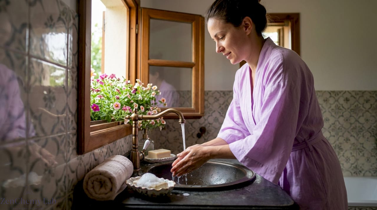 Woman washing hands with natural soap at sink
